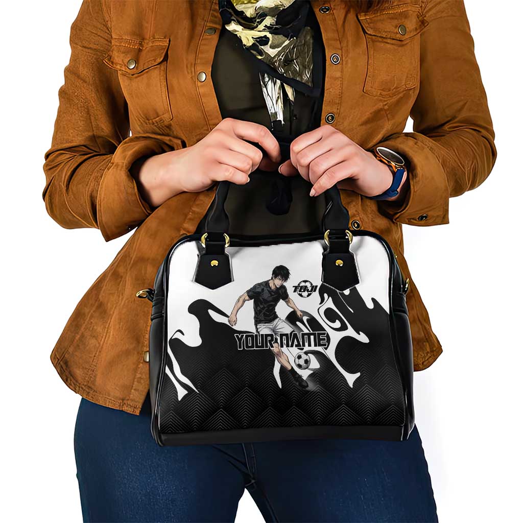 Personalized Toji Fushiguro Jujutsu Kaisen Soccer Theme Shoulder Handbag with Dribbling Pose and Monochrome Black White Flame Graphic Design - The Mazicc