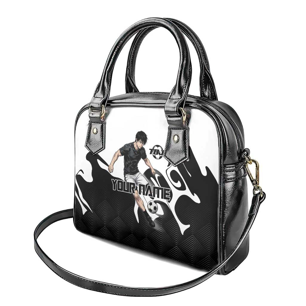Personalized Toji Fushiguro Jujutsu Kaisen Soccer Theme Shoulder Handbag with Dribbling Pose and Monochrome Black White Flame Graphic Design - The Mazicc