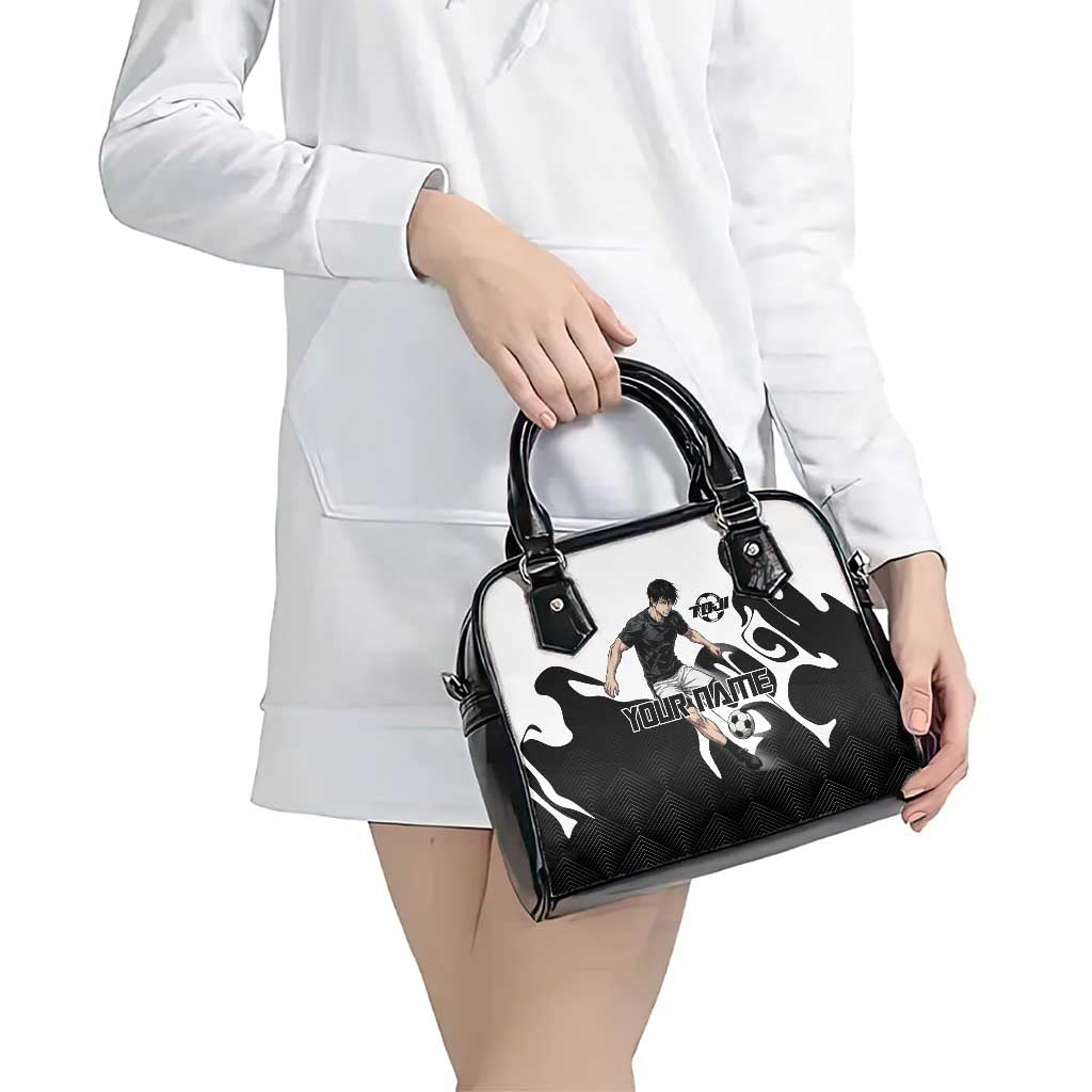 Personalized Toji Fushiguro Jujutsu Kaisen Soccer Theme Shoulder Handbag with Dribbling Pose and Monochrome Black White Flame Graphic Design - The Mazicc