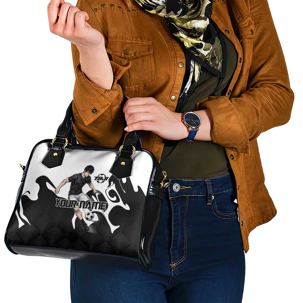 Personalized Toji Fushiguro Jujutsu Kaisen Soccer Theme Shoulder Handbag with Dribbling Pose and Monochrome Black White Flame Graphic Design - The Mazicc