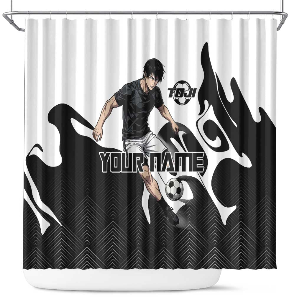 Personalized Toji Fushiguro Jujutsu Kaisen Soccer Theme Shower Curtain with Dribbling Pose and Monochrome Black White Flame Graphic Design - The Mazicc