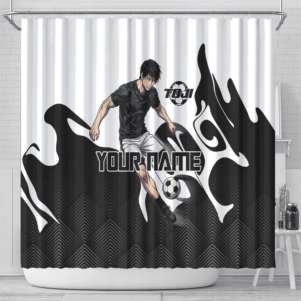 Personalized Toji Fushiguro Jujutsu Kaisen Soccer Theme Shower Curtain with Dribbling Pose and Monochrome Black White Flame Graphic Design - The Mazicc