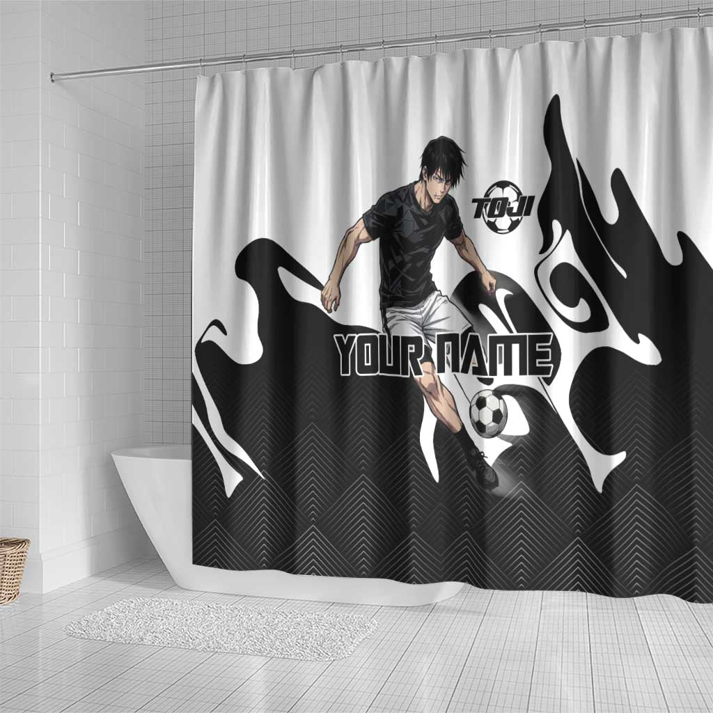 Personalized Toji Fushiguro Jujutsu Kaisen Soccer Theme Shower Curtain with Dribbling Pose and Monochrome Black White Flame Graphic Design - The Mazicc