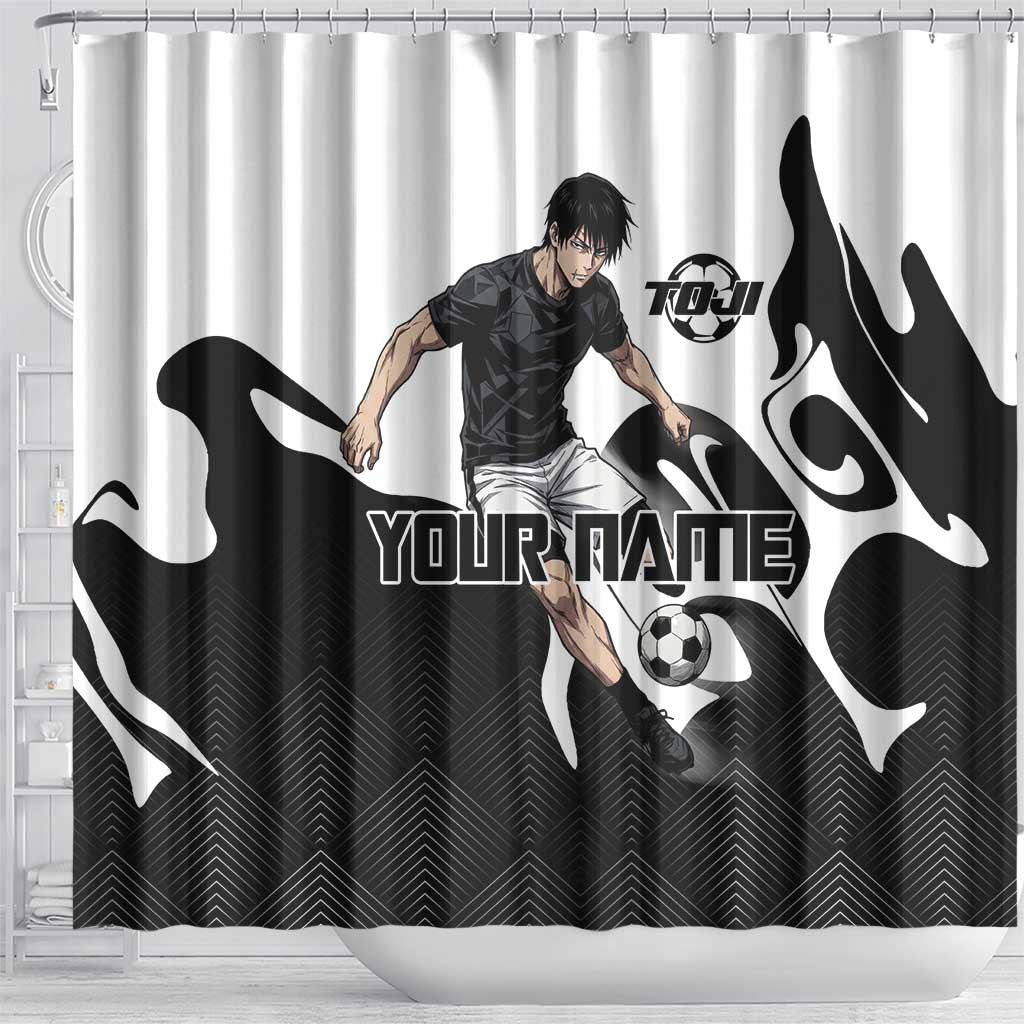 Personalized Toji Fushiguro Jujutsu Kaisen Soccer Theme Shower Curtain with Dribbling Pose and Monochrome Black White Flame Graphic Design - The Mazicc