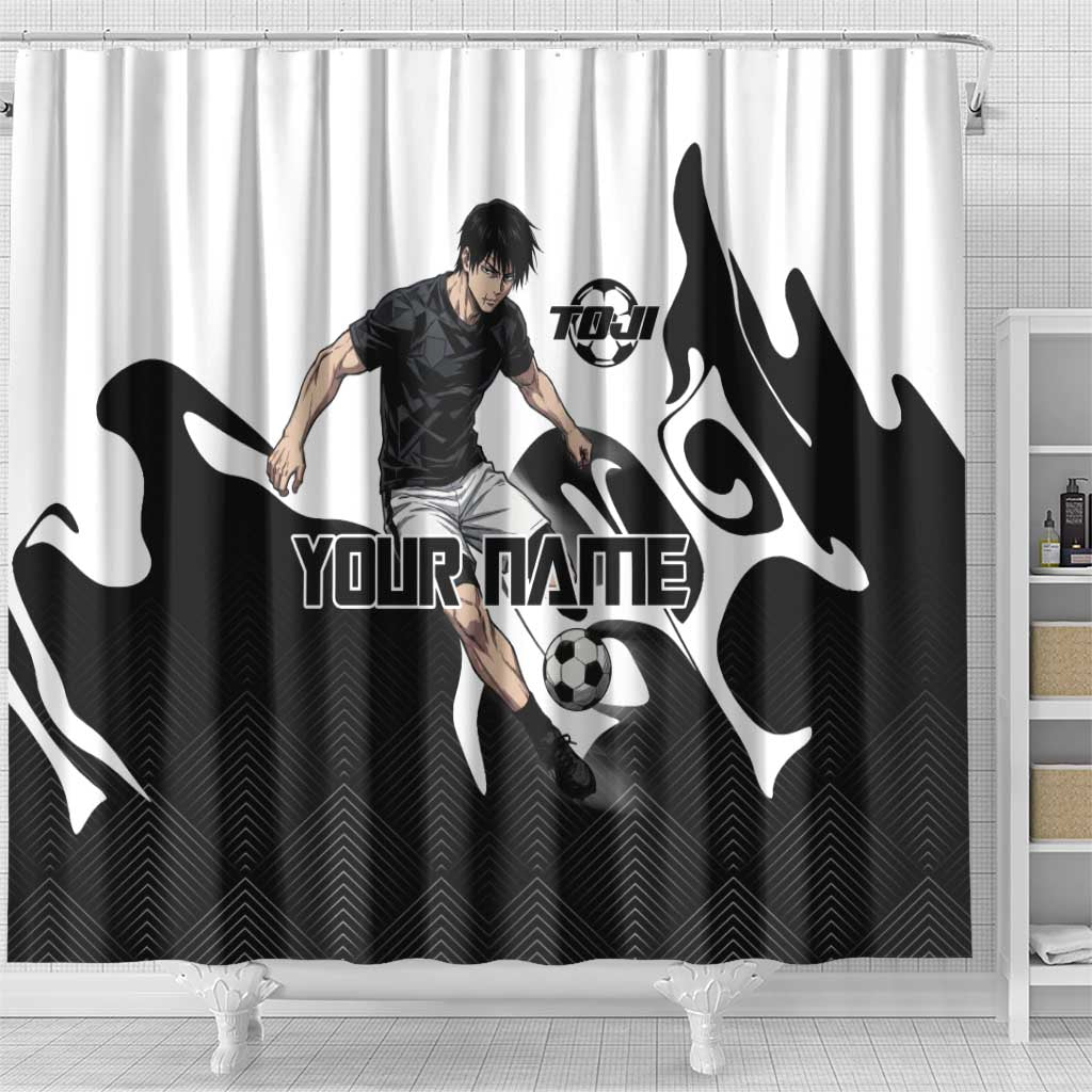 Personalized Toji Fushiguro Jujutsu Kaisen Soccer Theme Shower Curtain with Dribbling Pose and Monochrome Black White Flame Graphic Design - The Mazicc