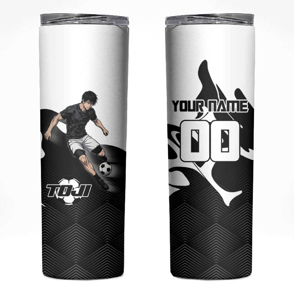 Personalized Toji Fushiguro Jujutsu Kaisen Soccer Theme Skinny Tumbler with Dribbling Pose and Monochrome Black White Flame Graphic Design - The Mazicc