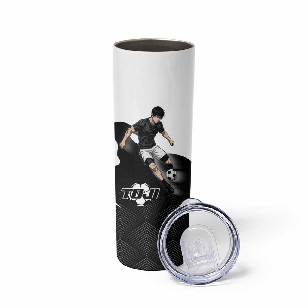 Personalized Toji Fushiguro Jujutsu Kaisen Soccer Theme Skinny Tumbler with Dribbling Pose and Monochrome Black White Flame Graphic Design - The Mazicc