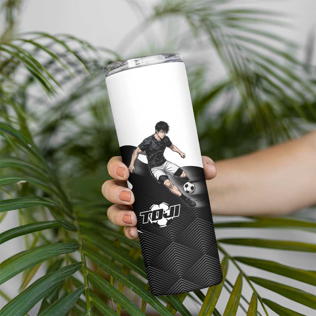Personalized Toji Fushiguro Jujutsu Kaisen Soccer Theme Skinny Tumbler with Dribbling Pose and Monochrome Black White Flame Graphic Design - The Mazicc