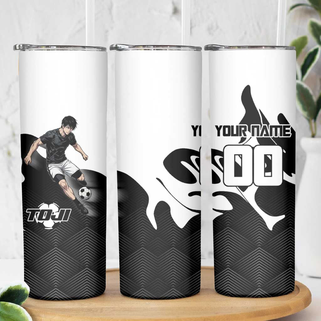 Personalized Toji Fushiguro Jujutsu Kaisen Soccer Theme Skinny Tumbler with Dribbling Pose and Monochrome Black White Flame Graphic Design - The Mazicc
