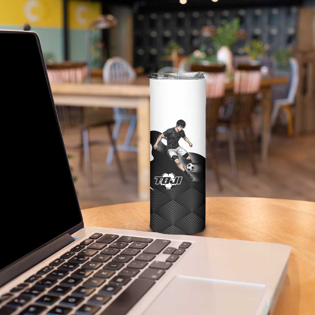 Personalized Toji Fushiguro Jujutsu Kaisen Soccer Theme Skinny Tumbler with Dribbling Pose and Monochrome Black White Flame Graphic Design - The Mazicc