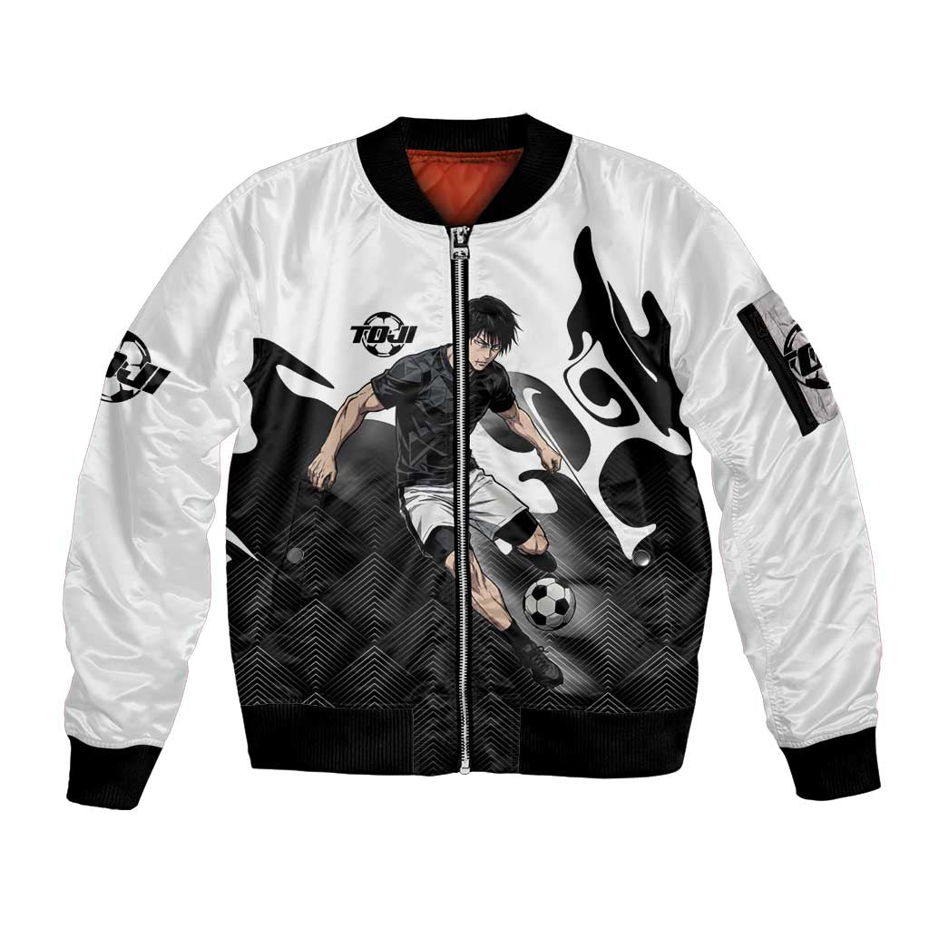Personalized Toji Fushiguro Jujutsu Kaisen Soccer Theme Sleeve Zip Bomber Jacket with Dribbling Pose and Monochrome Black White Flame Graphic Design - The Mazicc