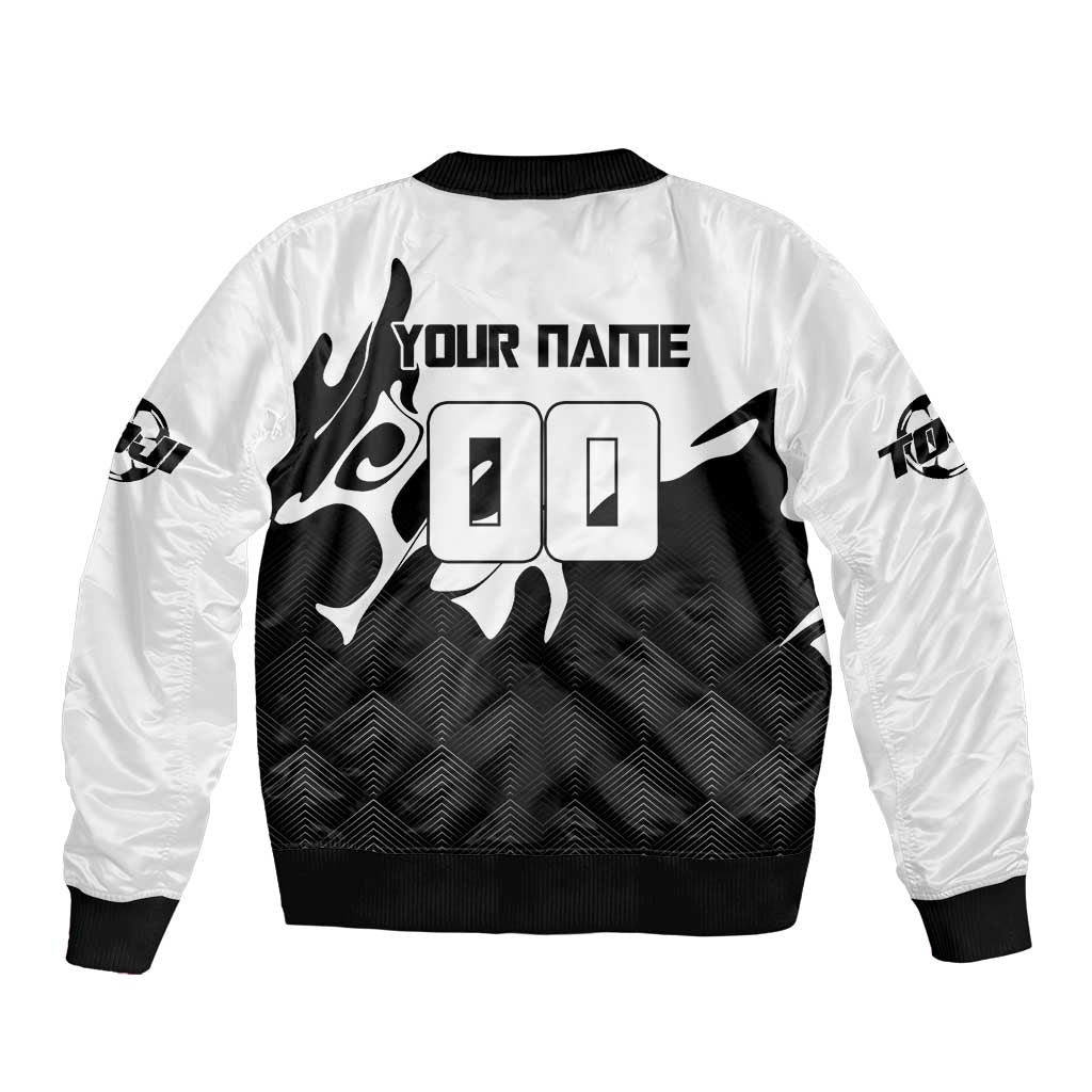 Personalized Toji Fushiguro Jujutsu Kaisen Soccer Theme Sleeve Zip Bomber Jacket with Dribbling Pose and Monochrome Black White Flame Graphic Design - The Mazicc