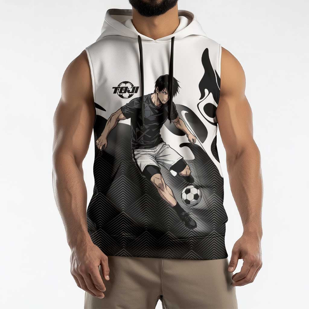 Personalized Toji Fushiguro Jujutsu Kaisen Soccer Theme Sleeveless Hoodie with Dribbling Pose and Monochrome Black White Flame Graphic Design - The Mazicc