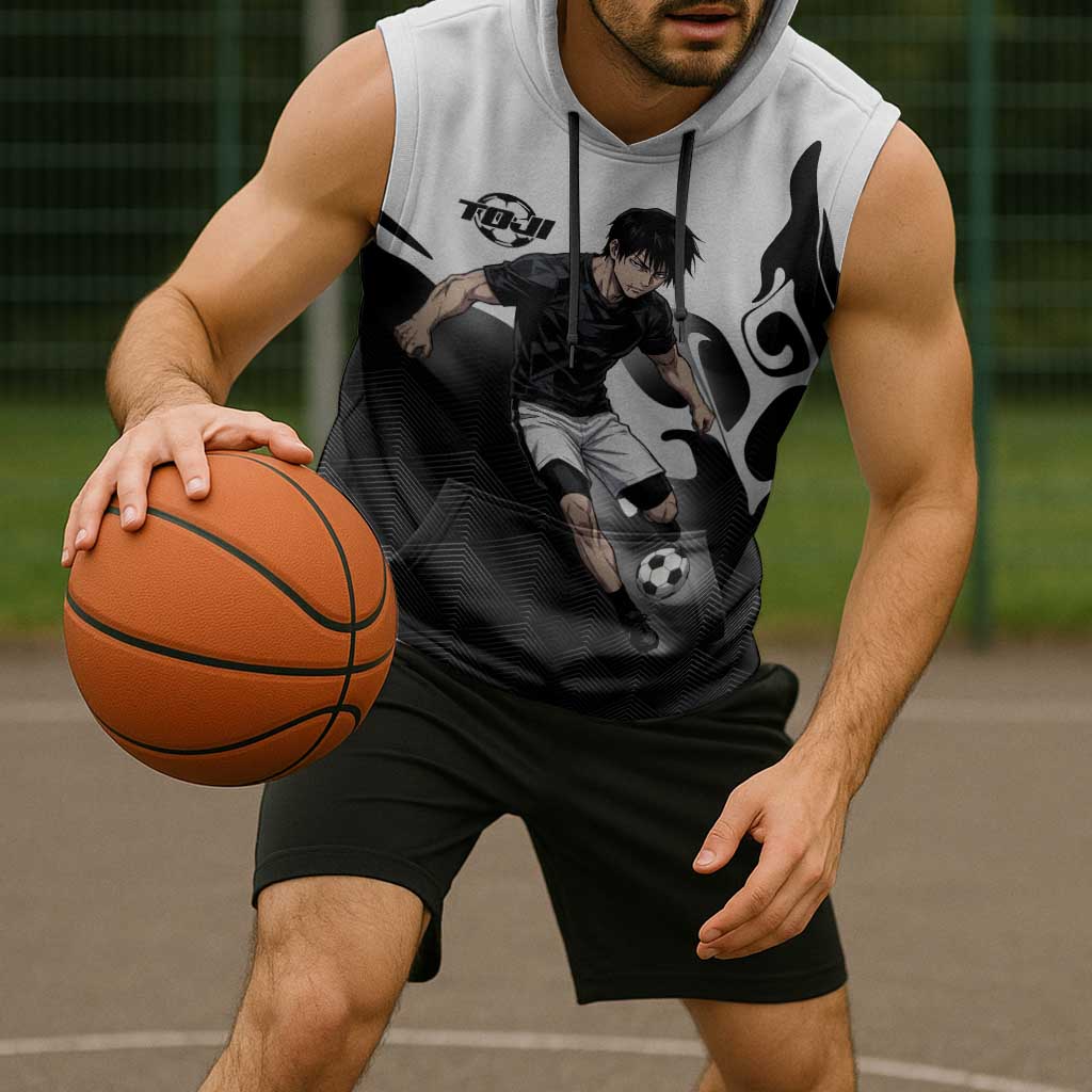Personalized Toji Fushiguro Jujutsu Kaisen Soccer Theme Sleeveless Hoodie with Dribbling Pose and Monochrome Black White Flame Graphic Design - The Mazicc