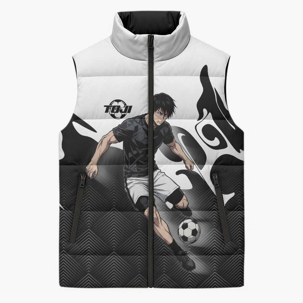 Personalized Toji Fushiguro Jujutsu Kaisen Soccer Theme Sleeveless Puffer Jacket with Dribbling Pose and Monochrome Black White Flame Graphic Design - The Mazicc