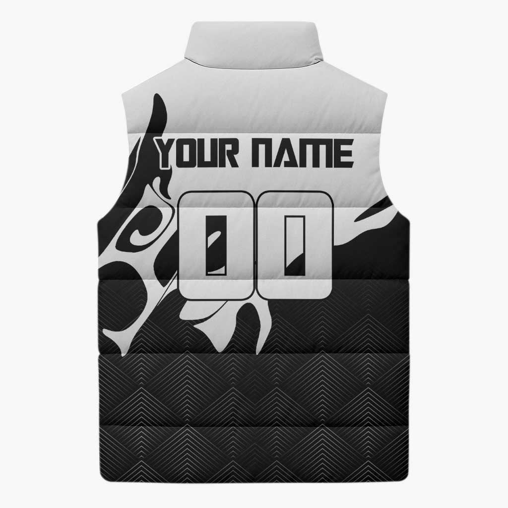 Personalized Toji Fushiguro Jujutsu Kaisen Soccer Theme Sleeveless Puffer Jacket with Dribbling Pose and Monochrome Black White Flame Graphic Design - The Mazicc