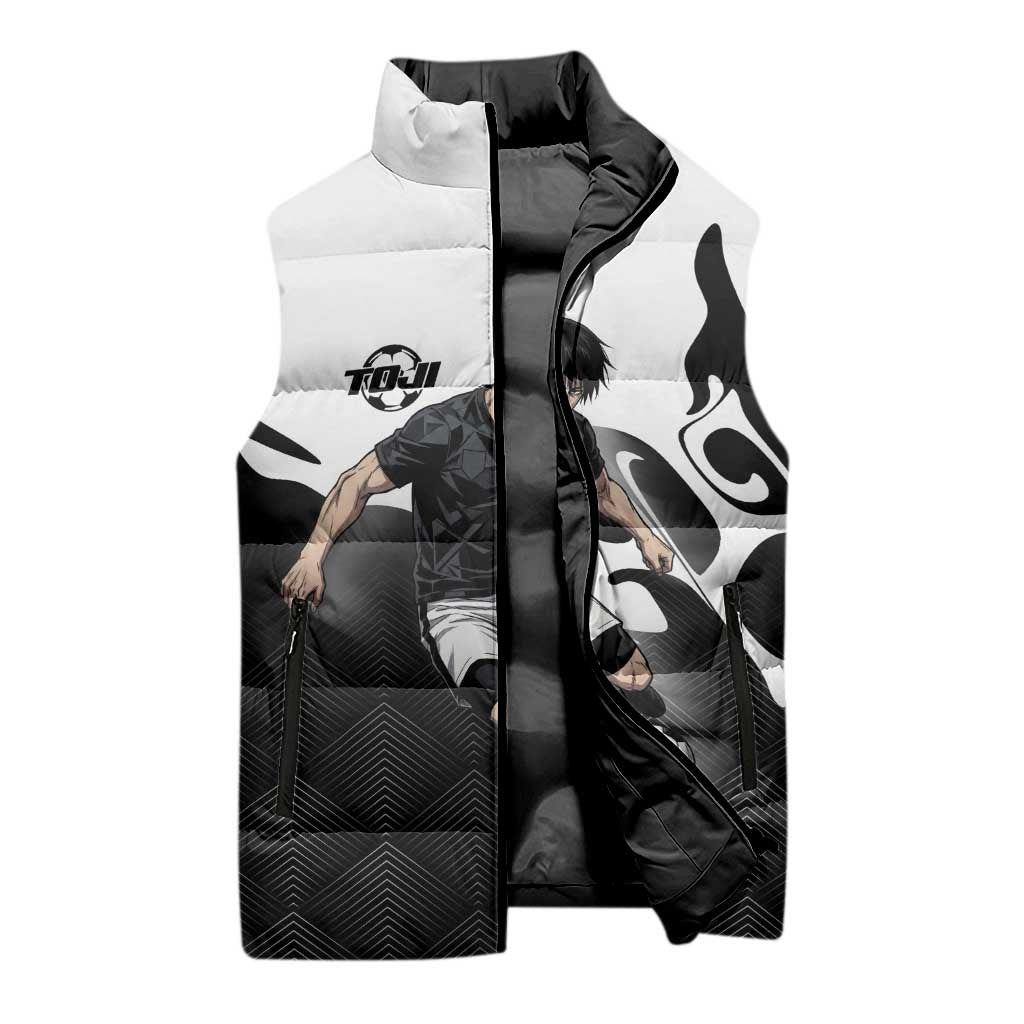 Personalized Toji Fushiguro Jujutsu Kaisen Soccer Theme Sleeveless Puffer Jacket with Dribbling Pose and Monochrome Black White Flame Graphic Design - The Mazicc