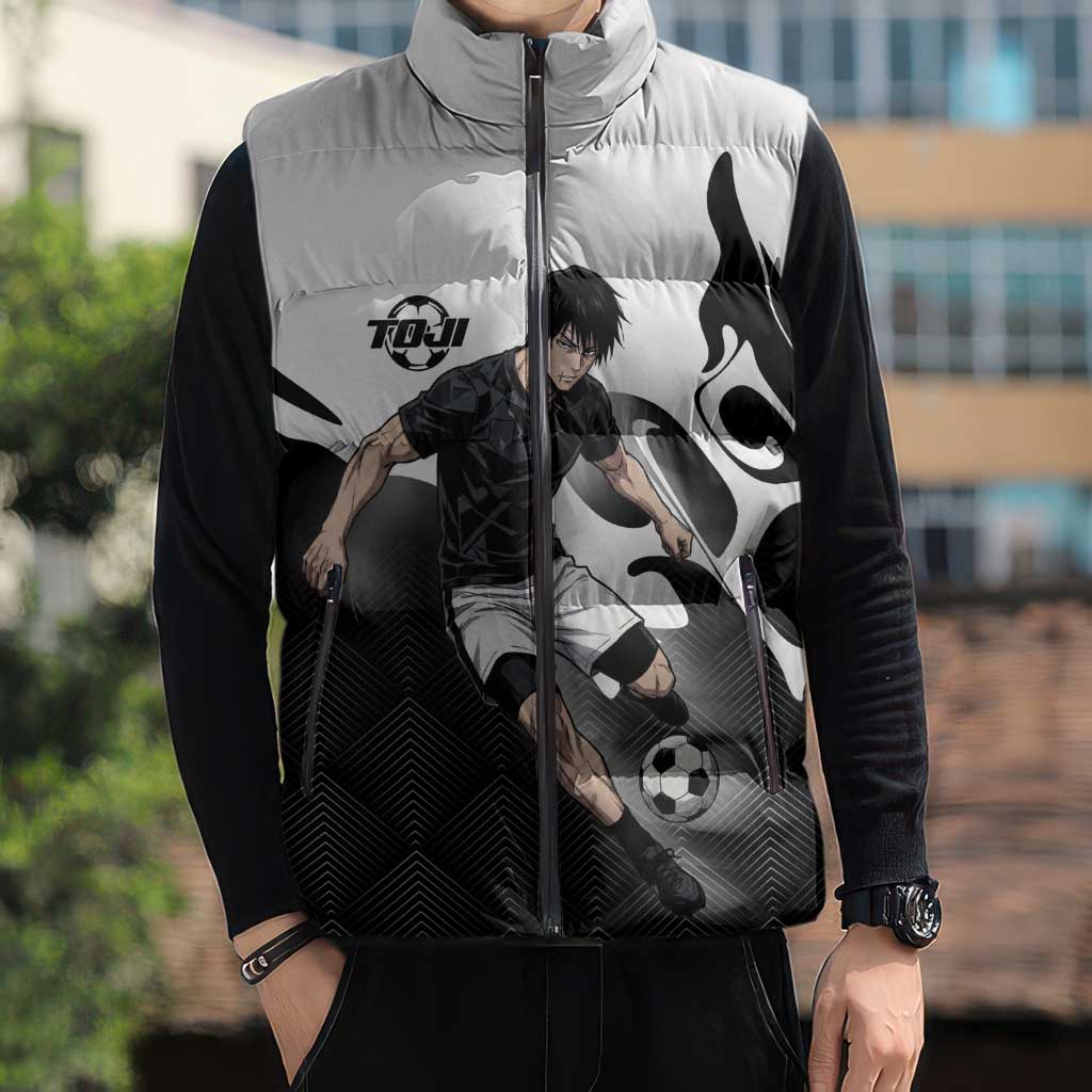 Personalized Toji Fushiguro Jujutsu Kaisen Soccer Theme Sleeveless Puffer Jacket with Dribbling Pose and Monochrome Black White Flame Graphic Design - The Mazicc
