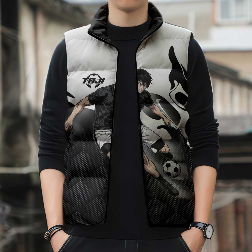 Personalized Toji Fushiguro Jujutsu Kaisen Soccer Theme Sleeveless Puffer Jacket with Dribbling Pose and Monochrome Black White Flame Graphic Design - The Mazicc