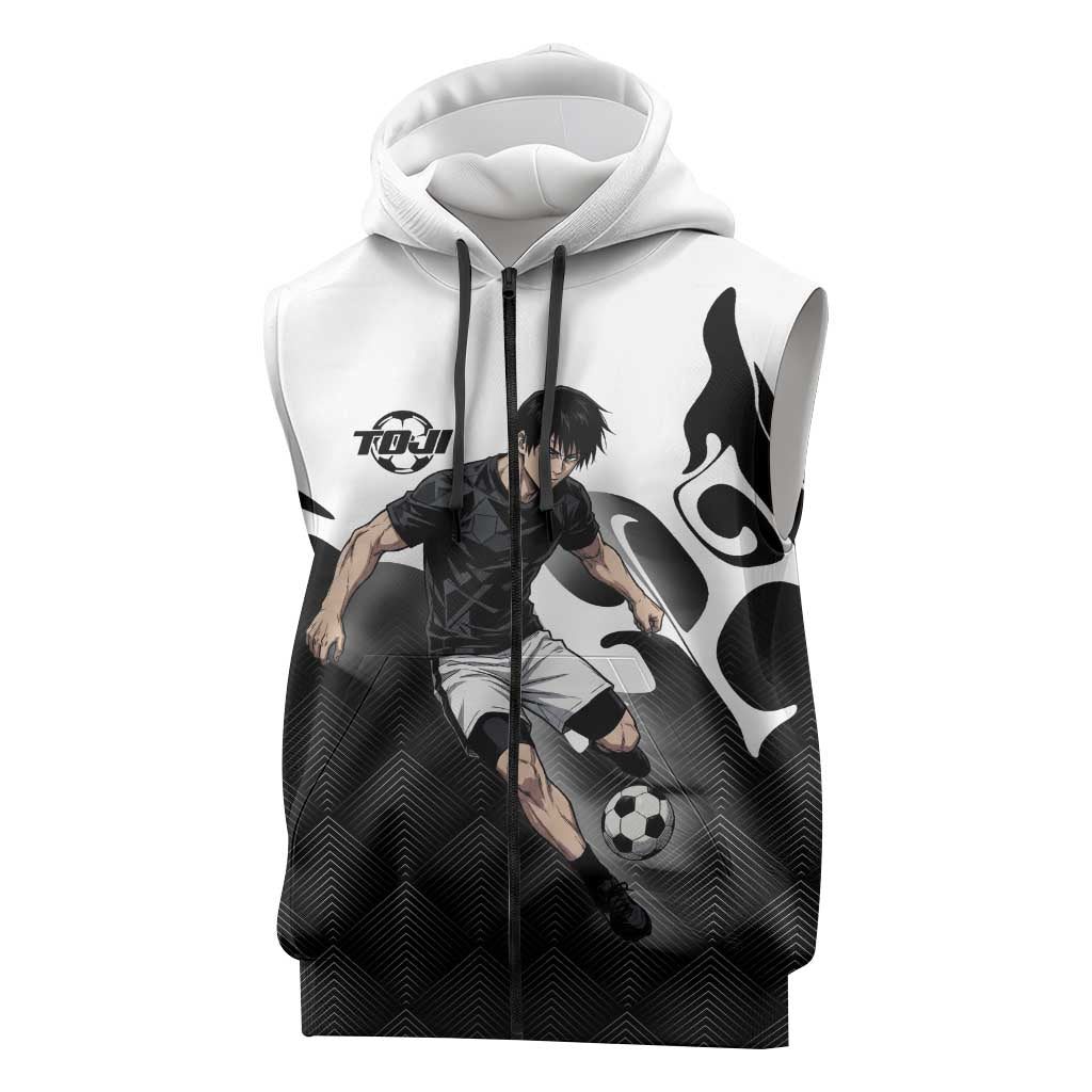 Personalized Toji Fushiguro Jujutsu Kaisen Soccer Theme Sleeveless Zip Hoodie with Dribbling Pose and Monochrome Black White Flame Graphic Design - The Mazicc