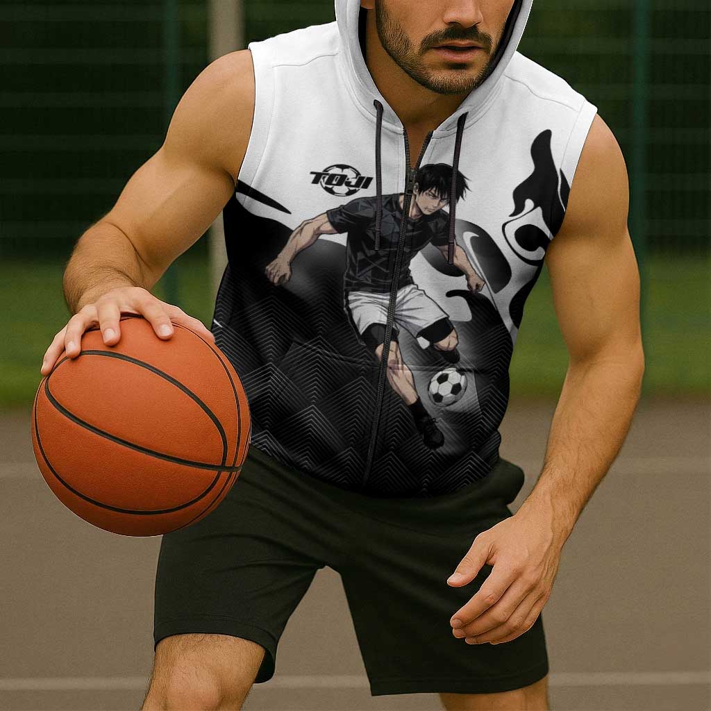 Personalized Toji Fushiguro Jujutsu Kaisen Soccer Theme Sleeveless Zip Hoodie with Dribbling Pose and Monochrome Black White Flame Graphic Design - The Mazicc
