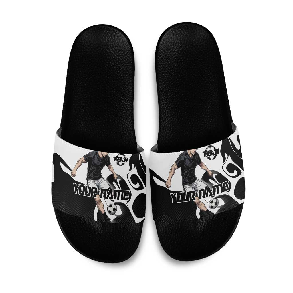 Personalized Toji Fushiguro Jujutsu Kaisen Soccer Theme Slide Sandals with Dribbling Pose and Monochrome Black White Flame Graphic Design - The Mazicc