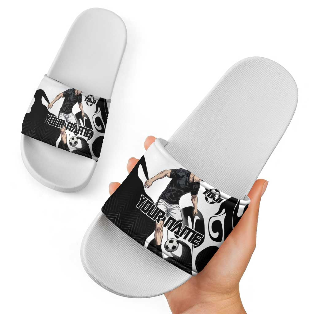 Personalized Toji Fushiguro Jujutsu Kaisen Soccer Theme Slide Sandals with Dribbling Pose and Monochrome Black White Flame Graphic Design - The Mazicc