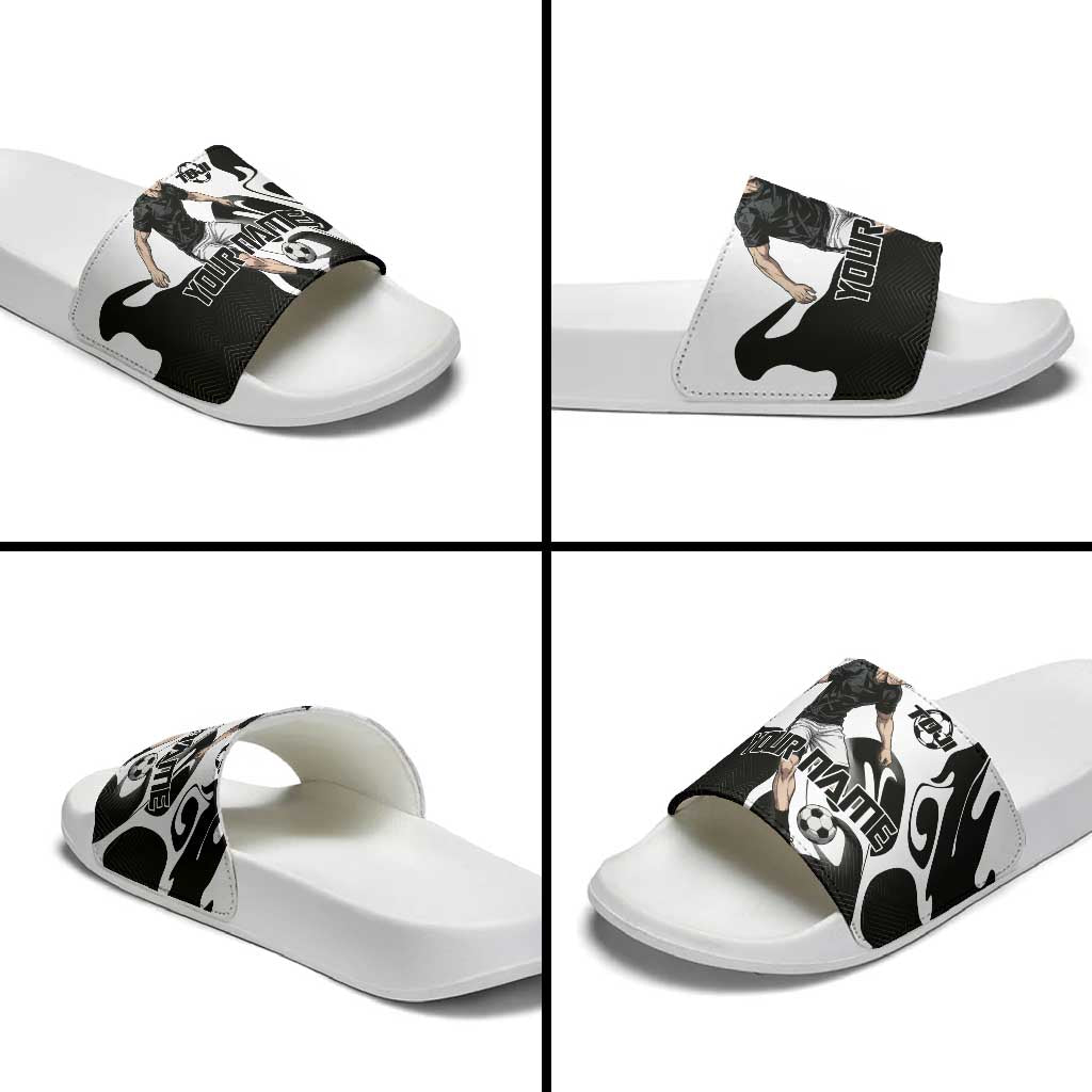 Personalized Toji Fushiguro Jujutsu Kaisen Soccer Theme Slide Sandals with Dribbling Pose and Monochrome Black White Flame Graphic Design - The Mazicc