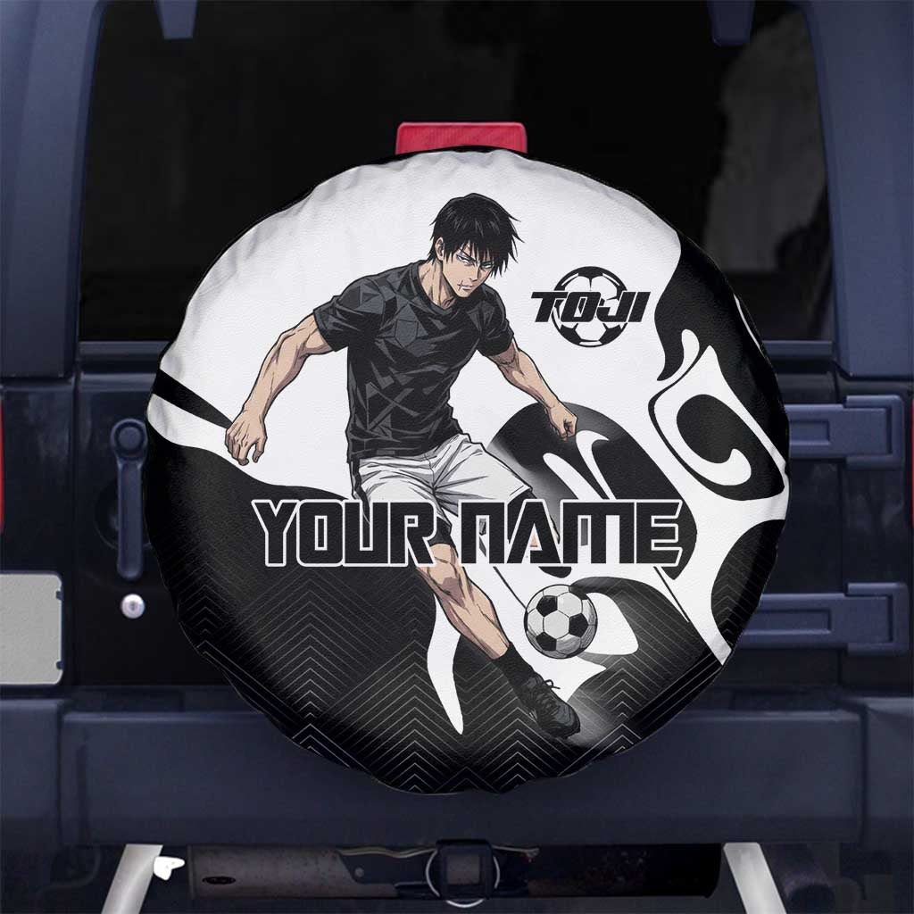 Personalized Toji Fushiguro Jujutsu Kaisen Soccer Theme Spare Tire Cover with Dribbling Pose and Monochrome Black White Flame Graphic Design - The Mazicc