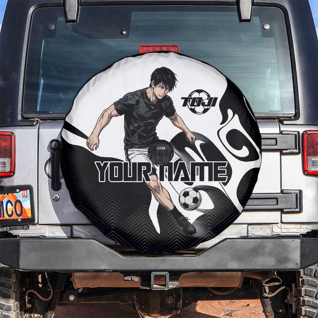 Personalized Toji Fushiguro Jujutsu Kaisen Soccer Theme Spare Tire Cover with Dribbling Pose and Monochrome Black White Flame Graphic Design - The Mazicc