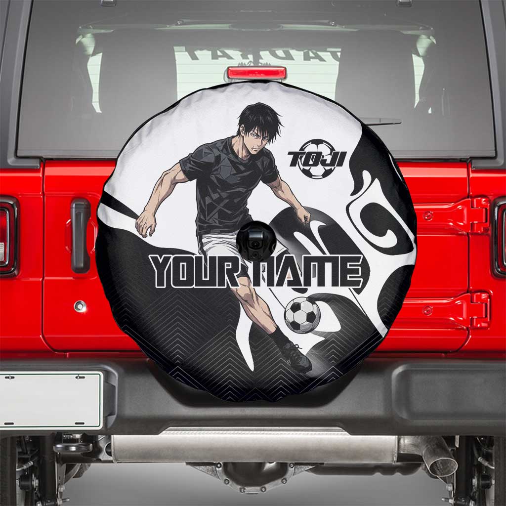 Personalized Toji Fushiguro Jujutsu Kaisen Soccer Theme Spare Tire Cover with Dribbling Pose and Monochrome Black White Flame Graphic Design - The Mazicc