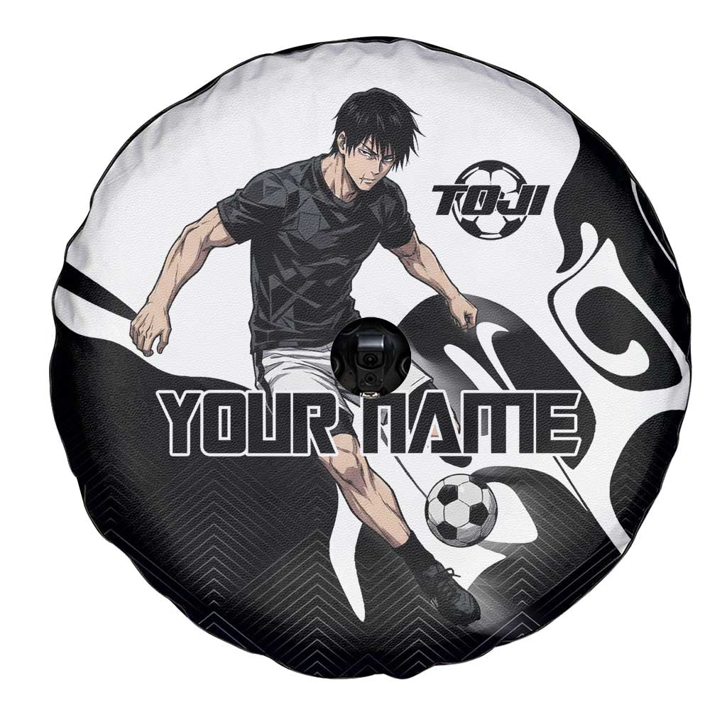 Personalized Toji Fushiguro Jujutsu Kaisen Soccer Theme Spare Tire Cover with Dribbling Pose and Monochrome Black White Flame Graphic Design - The Mazicc