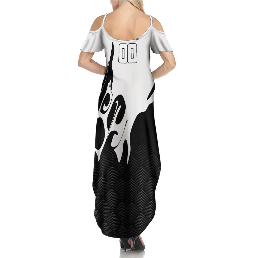 Personalized Toji Fushiguro Jujutsu Kaisen Soccer Theme Summer Maxi Dress with Dribbling Pose and Monochrome Black White Flame Graphic Design - The Mazicc