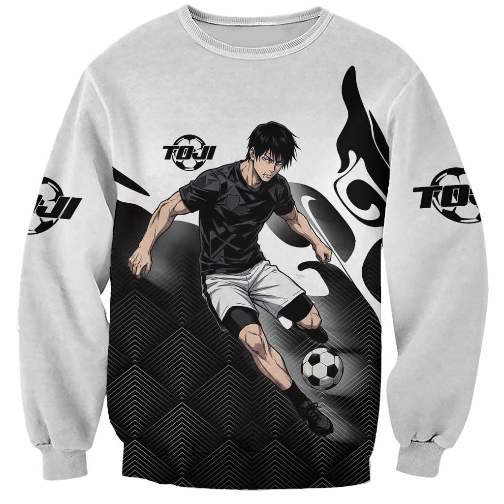 Personalized Toji Fushiguro Jujutsu Kaisen Soccer Theme Sweatshirt with Dribbling Pose and Monochrome Black White Flame Graphic Design - The Mazicc