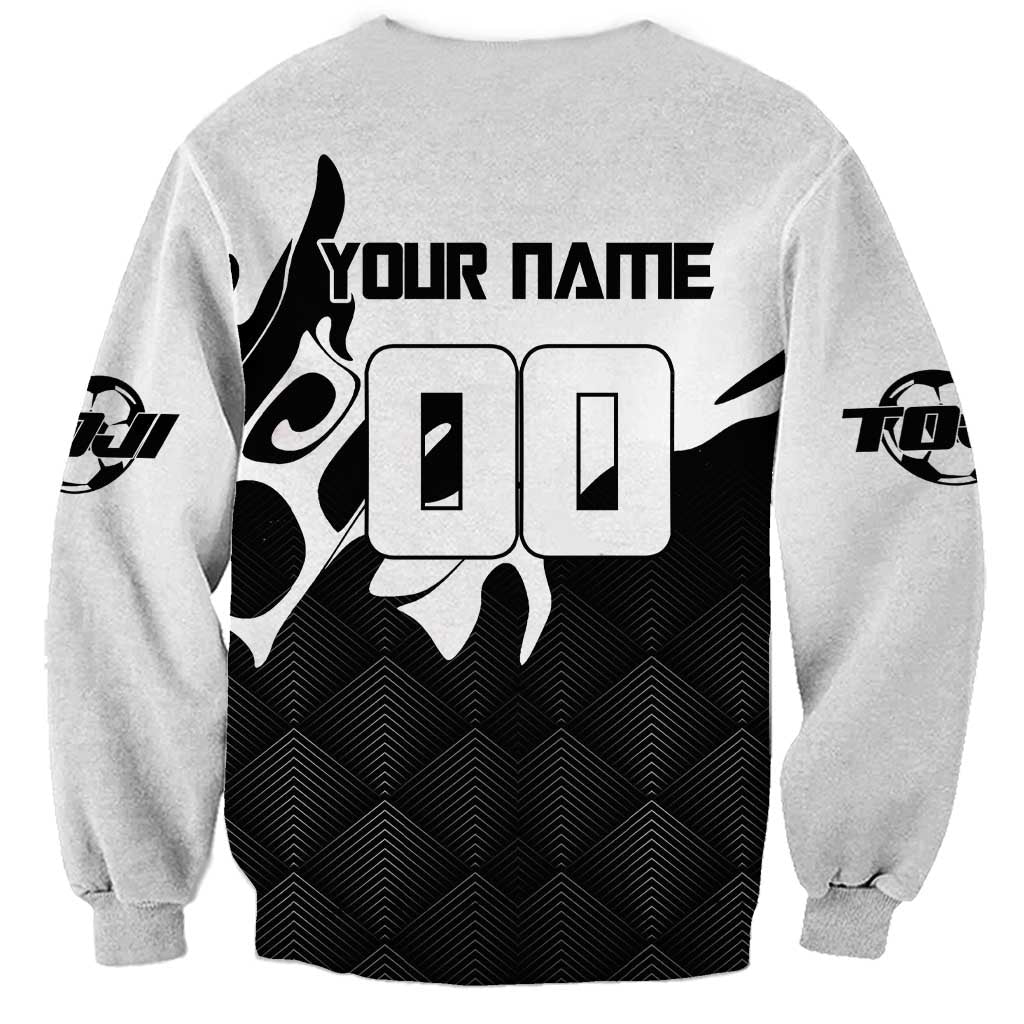 Personalized Toji Fushiguro Jujutsu Kaisen Soccer Theme Sweatshirt with Dribbling Pose and Monochrome Black White Flame Graphic Design - The Mazicc