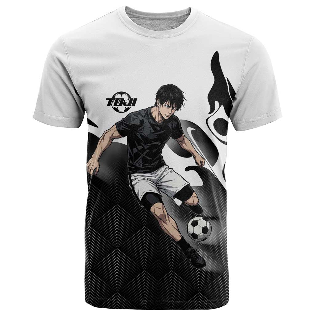 Personalized Toji Fushiguro Jujutsu Kaisen Soccer Theme T Shirt with Dribbling Pose and Monochrome Black White Flame Graphic Design - The Mazicc