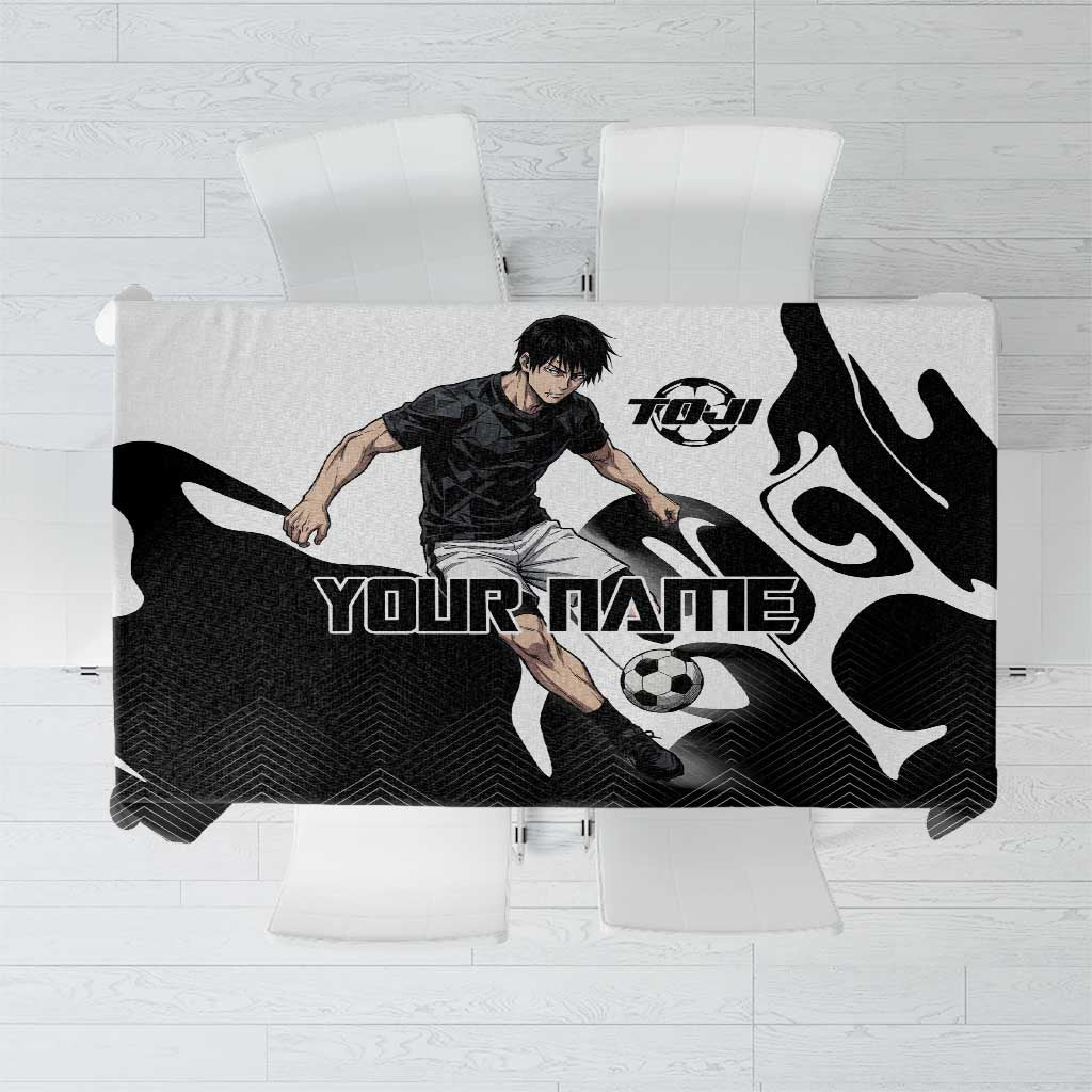Personalized Toji Fushiguro Jujutsu Kaisen Soccer Theme Tablecloth with Dribbling Pose and Monochrome Black White Flame Graphic Design - The Mazicc