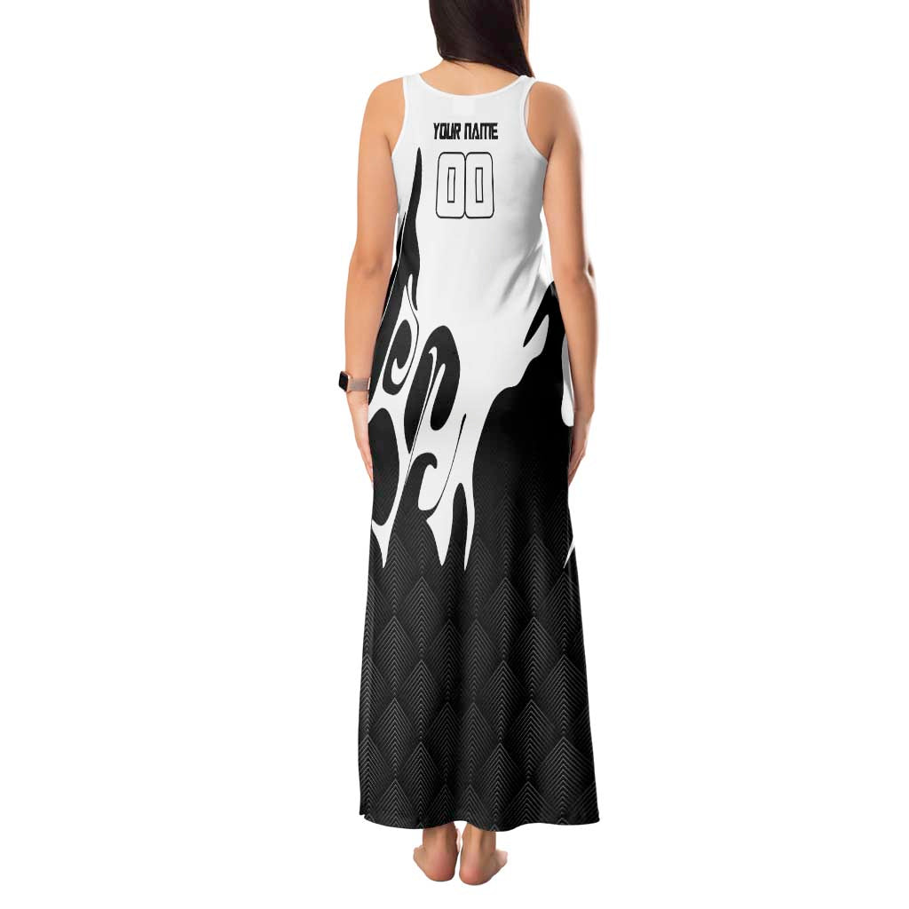Personalized Toji Fushiguro Jujutsu Kaisen Soccer Theme Tank Maxi Dress with Dribbling Pose and Monochrome Black White Flame Graphic Design - The Mazicc