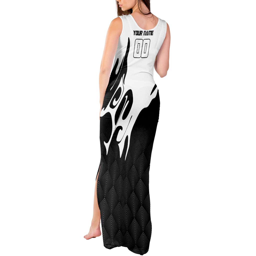 Personalized Toji Fushiguro Jujutsu Kaisen Soccer Theme Tank Maxi Dress with Dribbling Pose and Monochrome Black White Flame Graphic Design - The Mazicc