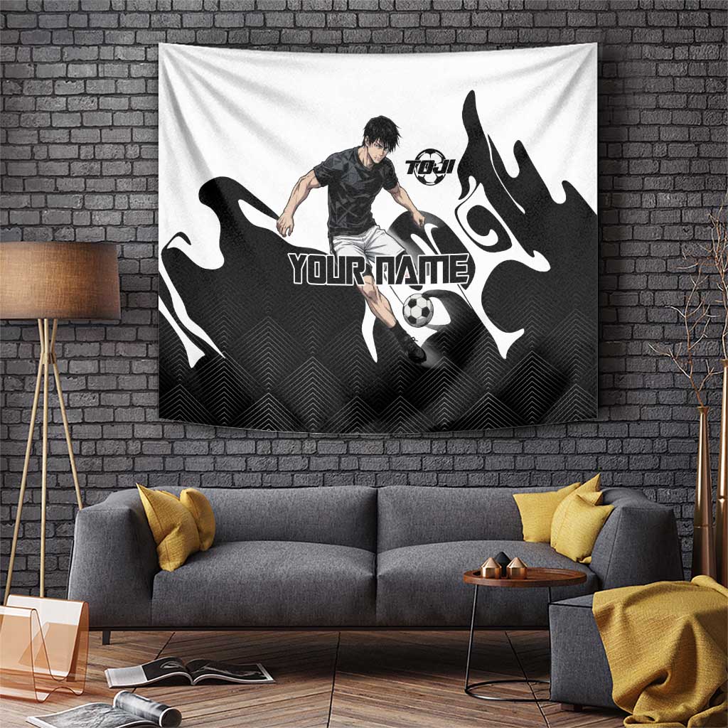 Personalized Toji Fushiguro Jujutsu Kaisen Soccer Theme Tapestry with Dribbling Pose and Monochrome Black White Flame Graphic Design - The Mazicc