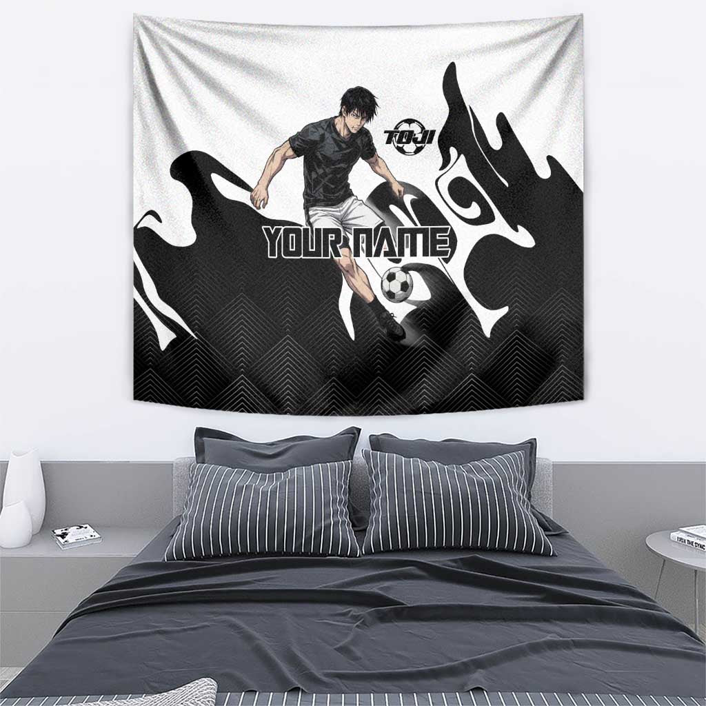 Personalized Toji Fushiguro Jujutsu Kaisen Soccer Theme Tapestry with Dribbling Pose and Monochrome Black White Flame Graphic Design - The Mazicc