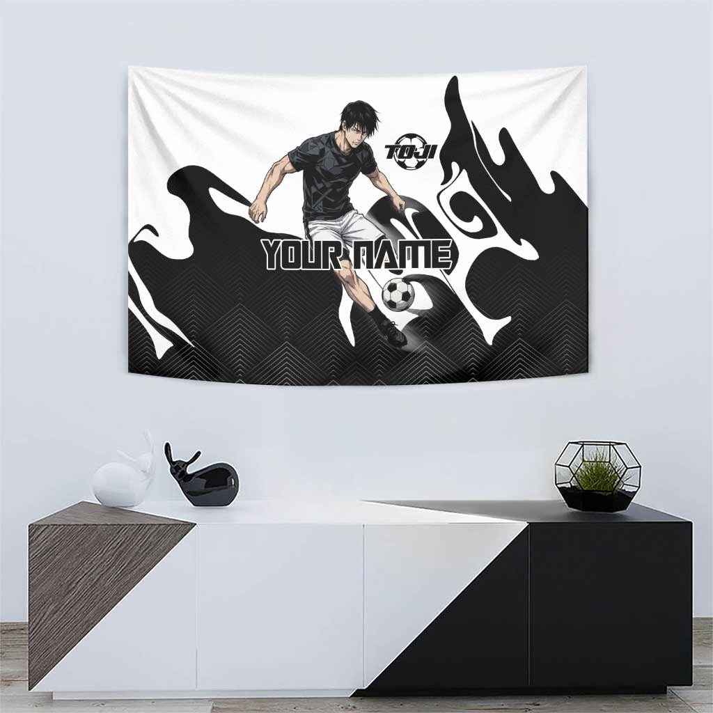 Personalized Toji Fushiguro Jujutsu Kaisen Soccer Theme Tapestry with Dribbling Pose and Monochrome Black White Flame Graphic Design - The Mazicc