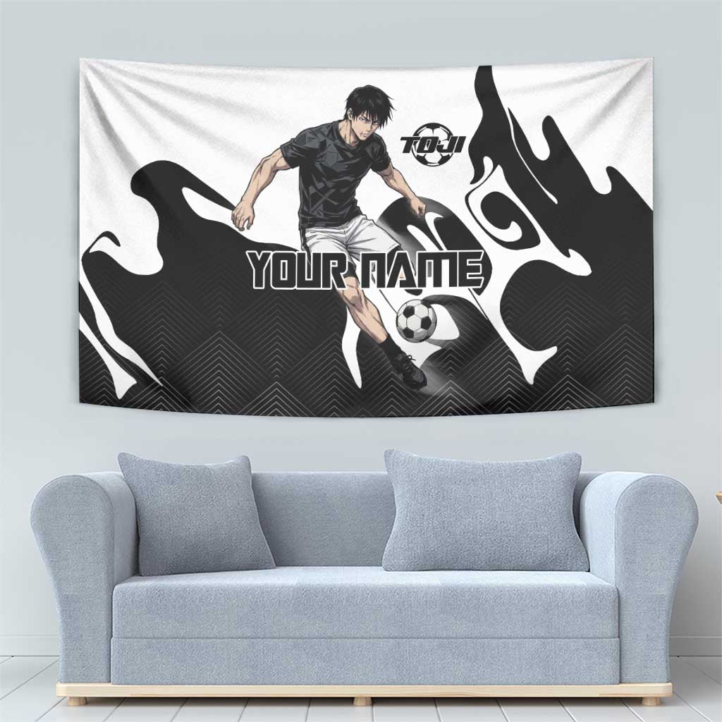 Personalized Toji Fushiguro Jujutsu Kaisen Soccer Theme Tapestry with Dribbling Pose and Monochrome Black White Flame Graphic Design - The Mazicc