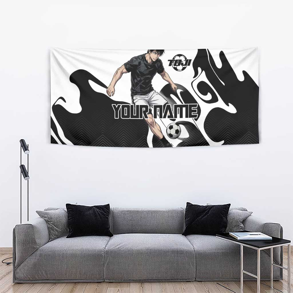 Personalized Toji Fushiguro Jujutsu Kaisen Soccer Theme Tapestry with Dribbling Pose and Monochrome Black White Flame Graphic Design - The Mazicc