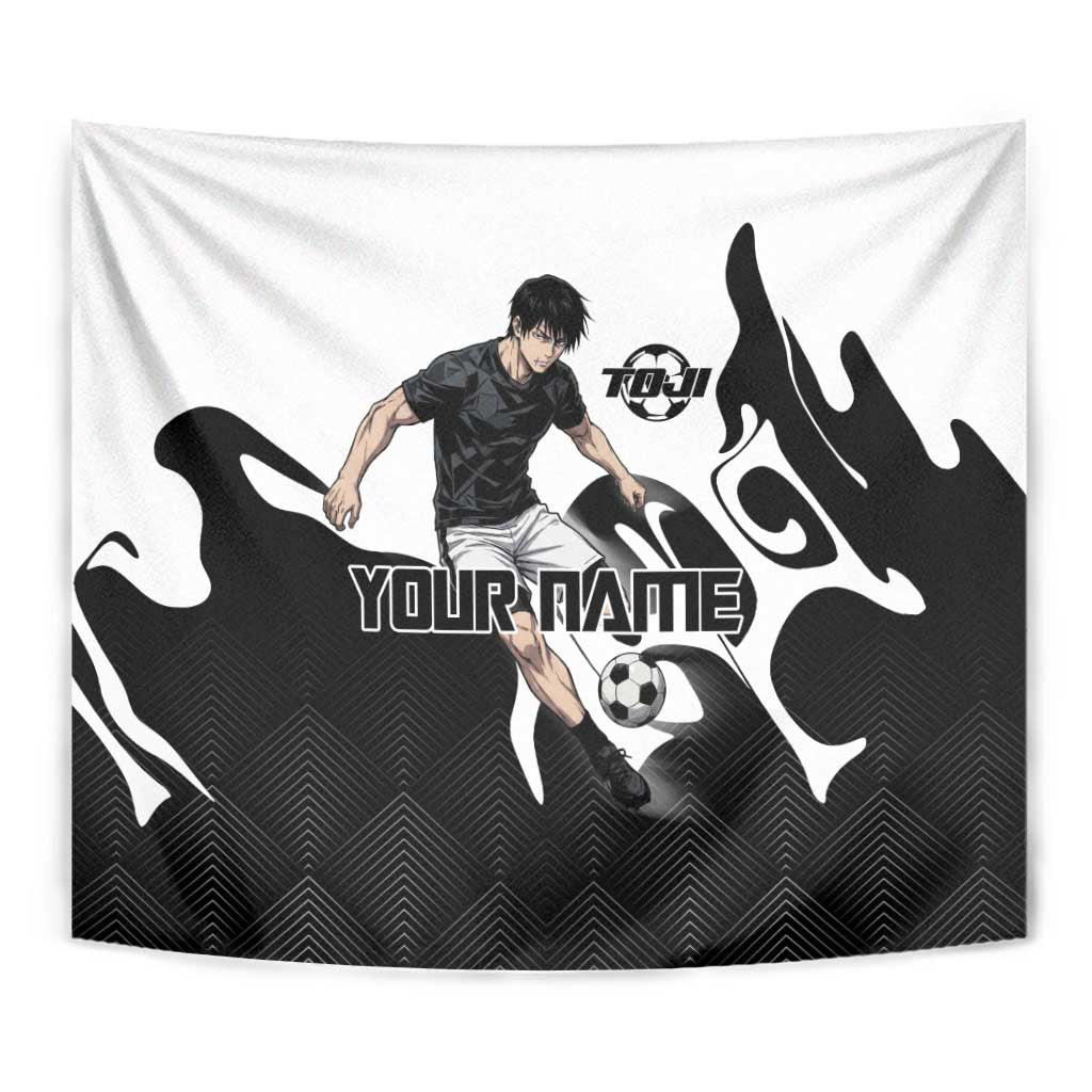 Personalized Toji Fushiguro Jujutsu Kaisen Soccer Theme Tapestry with Dribbling Pose and Monochrome Black White Flame Graphic Design - The Mazicc