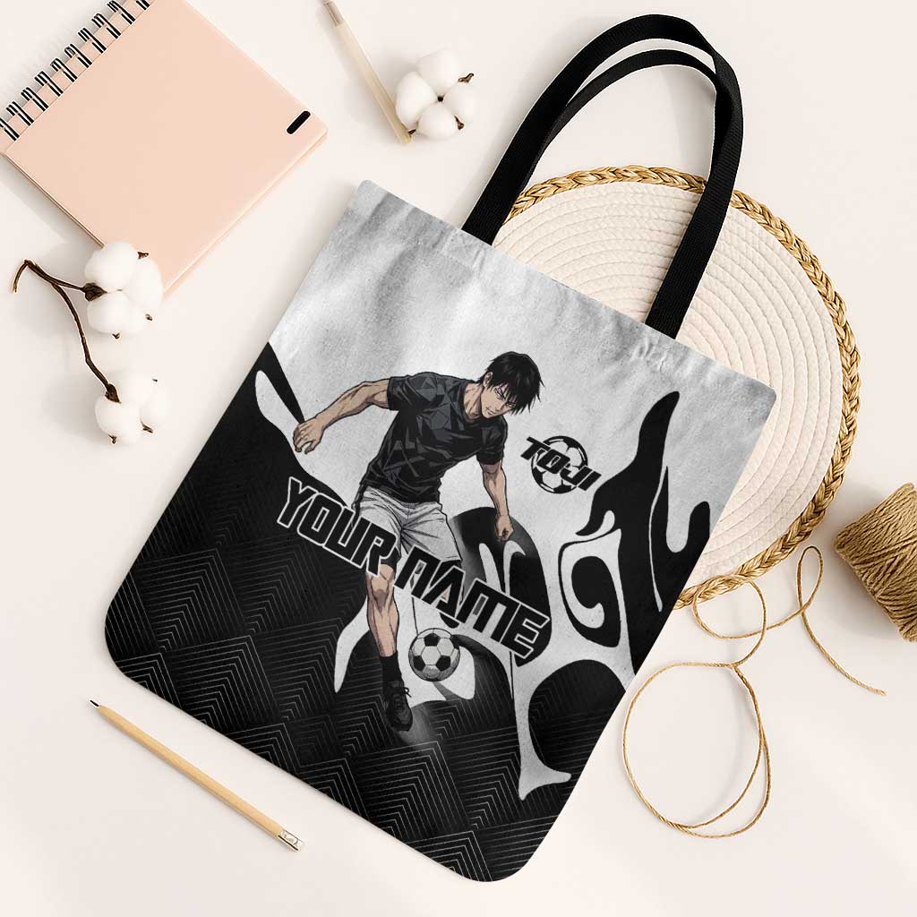 Personalized Toji Fushiguro Jujutsu Kaisen Soccer Theme Tote Bag with Dribbling Pose and Monochrome Black White Flame Graphic Design - The Mazicc