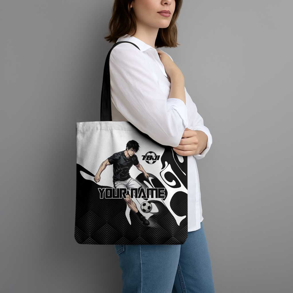 Personalized Toji Fushiguro Jujutsu Kaisen Soccer Theme Tote Bag with Dribbling Pose and Monochrome Black White Flame Graphic Design - The Mazicc