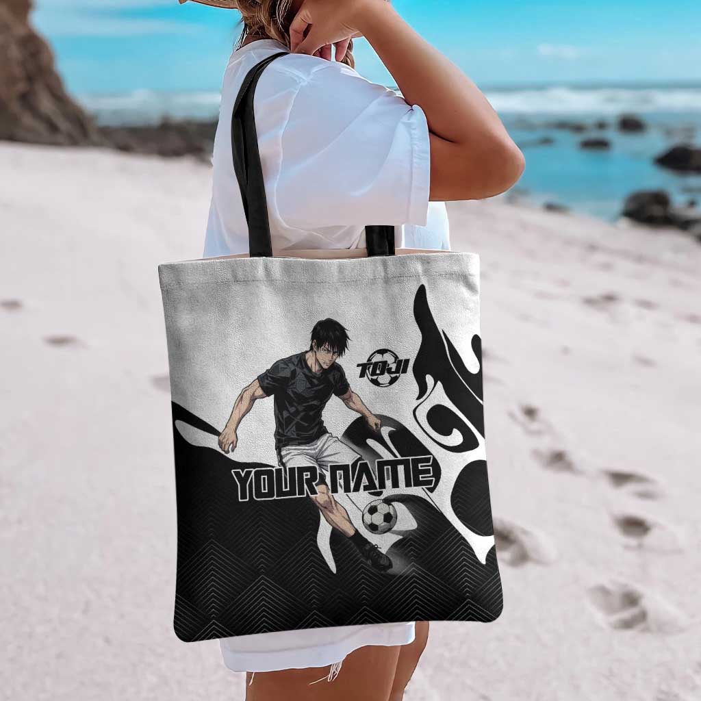Personalized Toji Fushiguro Jujutsu Kaisen Soccer Theme Tote Bag with Dribbling Pose and Monochrome Black White Flame Graphic Design - The Mazicc