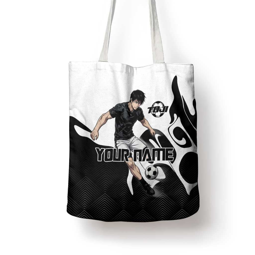 Personalized Toji Fushiguro Jujutsu Kaisen Soccer Theme Tote Bag with Dribbling Pose and Monochrome Black White Flame Graphic Design - The Mazicc