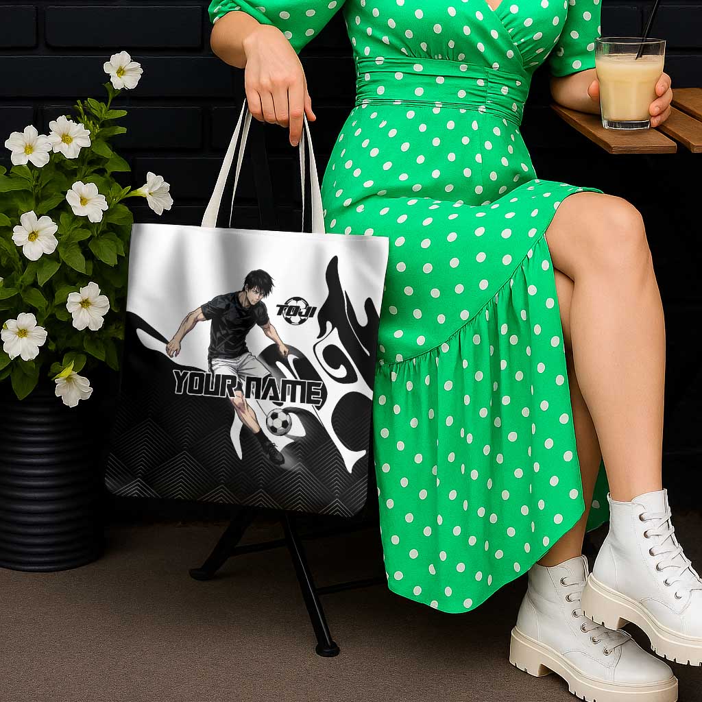 Personalized Toji Fushiguro Jujutsu Kaisen Soccer Theme Tote Bag with Dribbling Pose and Monochrome Black White Flame Graphic Design - The Mazicc